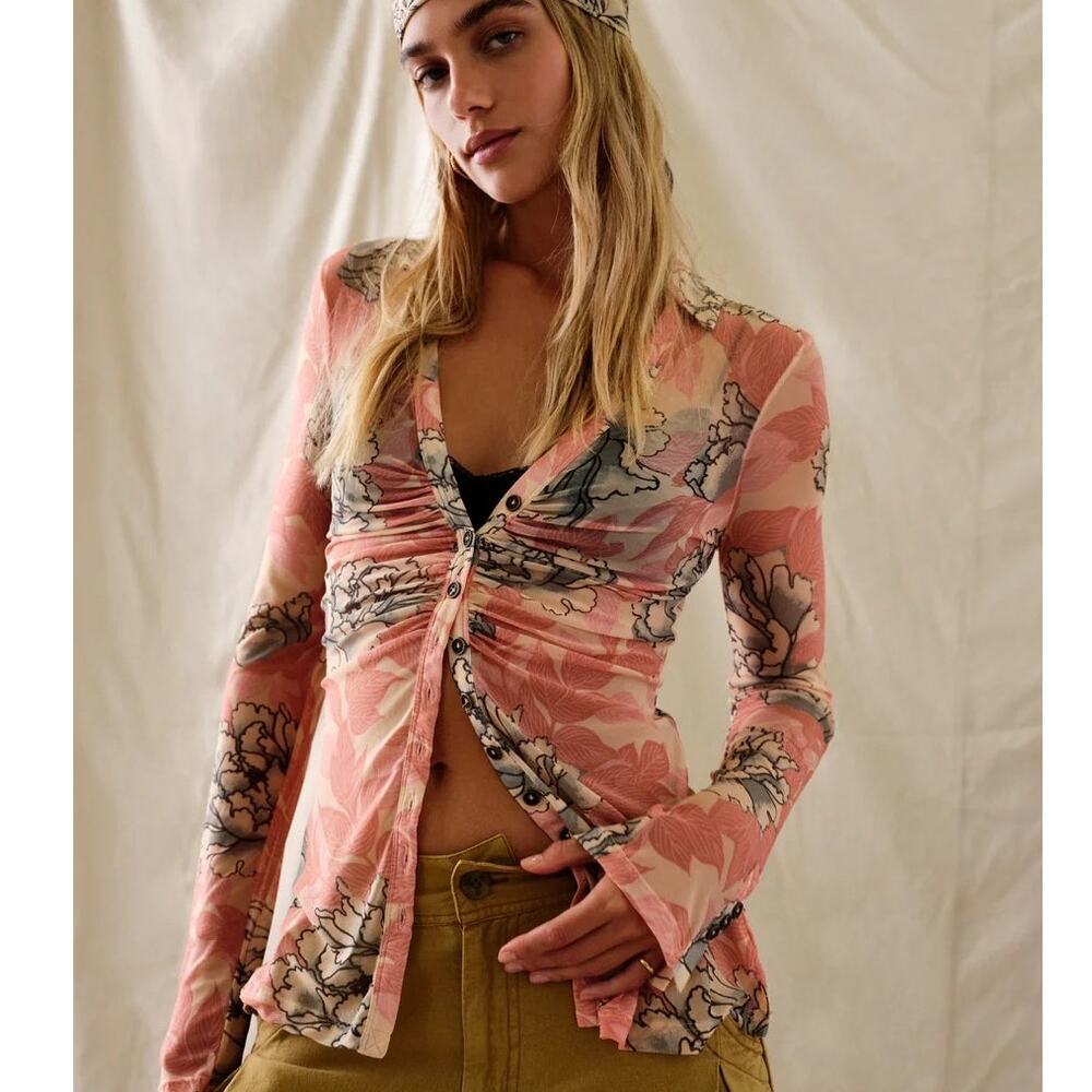 Free People Pink Floral Ruched Button-Front Long Sleeve Top